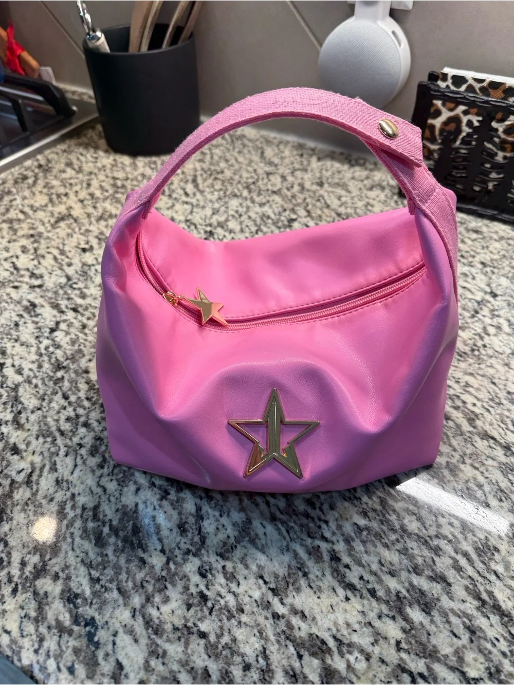 Jeffree Star Pink Cosmetic Handle Bag with Gold Star Accent